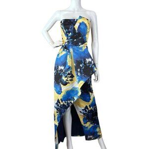 Parker Black Abstract Tie Dye Hi-Low Long Formal Dress Gown Blue Black Size 0